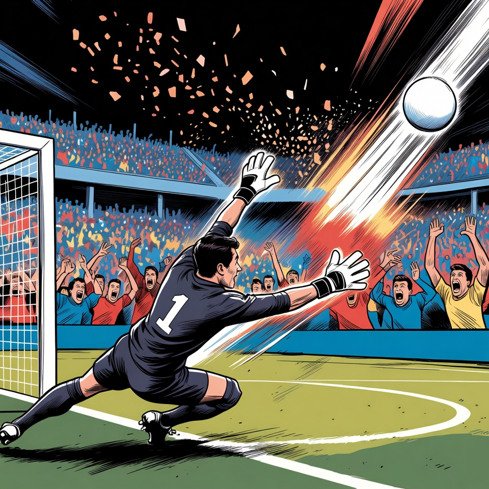 Comic illustration of a dramatic penalty shootout