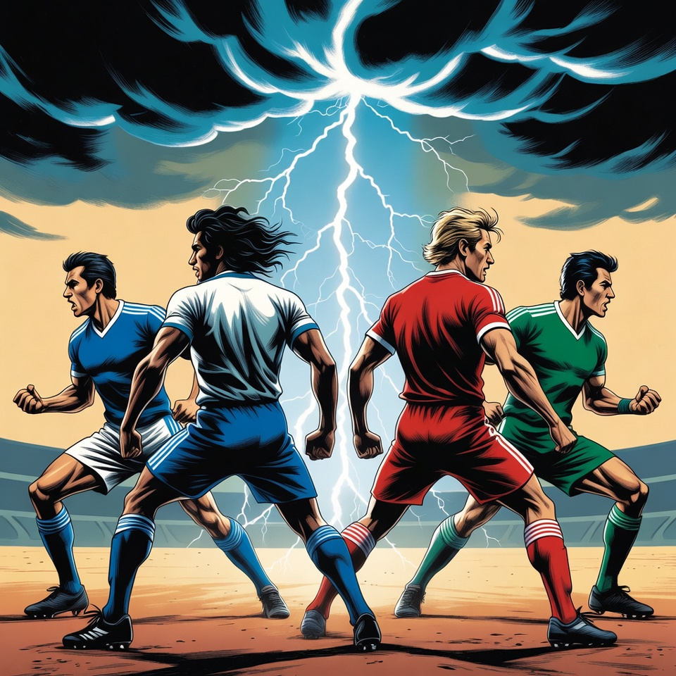 Comic illustration of four football warriors in an epic showdown