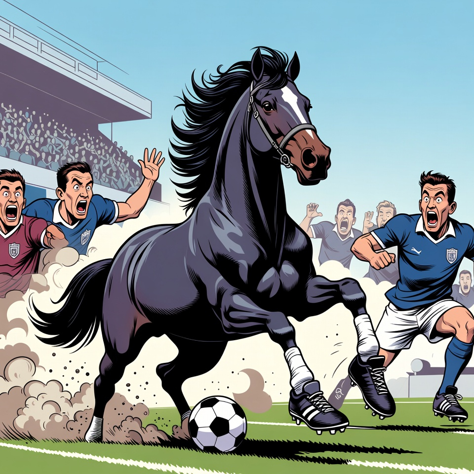 Comic illustration of a dark horse playing football