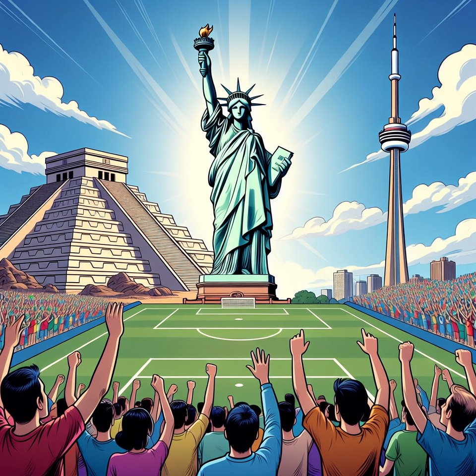 Comic illustration of Mexico, USA and Canada landmarks with football pitch